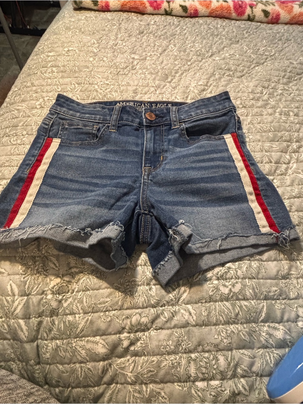 American Eagle Outfitters Blue Denim Shorts with Red & White Side Stripes